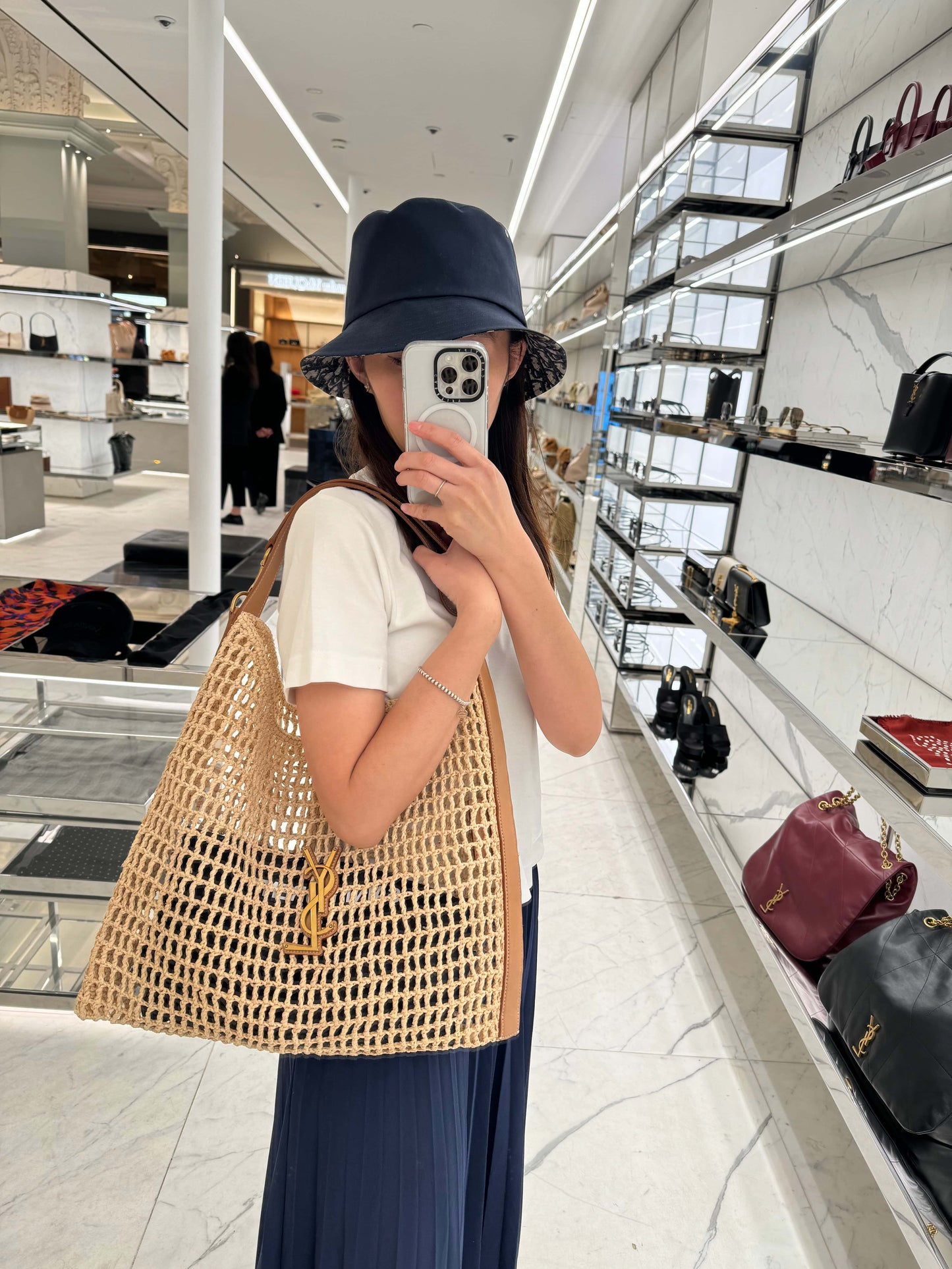 【サンローラン】パリ カサンドラ ラフィア×レザー ショルダーバッグ ベージュ